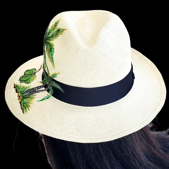 Panama Hat Medium Straw Woven Hand Painted Ecuador Beige NWOT - Picture 8 of 11